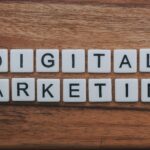 digital marketing artwork on brown wooden surface